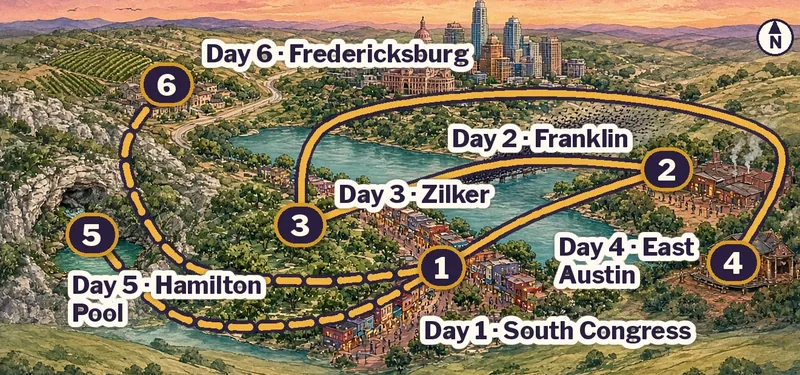Illustrated route map of Austin and the Hill Country: Day 1 South Congress, Day 2 Franklin Barbecue in East Austin, Day 3 Zilker Park, Day 4 an East Austin honky-tonk, then day trips to Hamilton Pool on Day 5 and Fredericksburg on Day 6