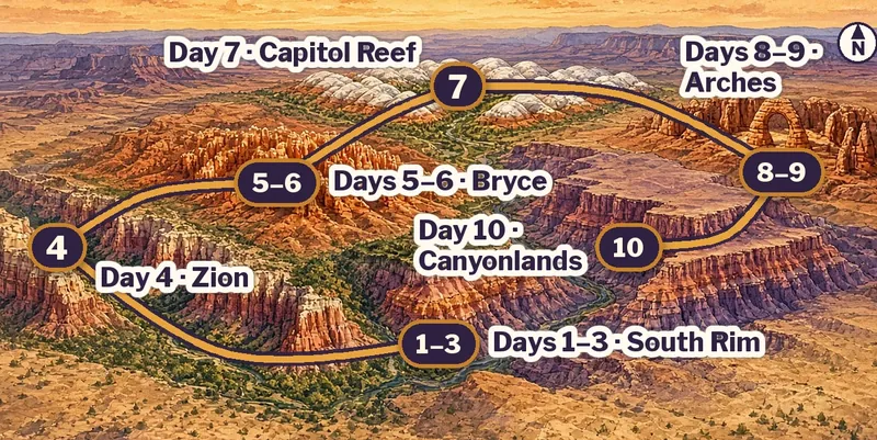 Illustrated route map of a 10-day loop: Days 1–3 the Grand Canyon South Rim, Day 4 Zion, Days 5–6 Bryce Canyon, Day 7 Capitol Reef, Days 8–9 Arches, Day 10 Canyonlands