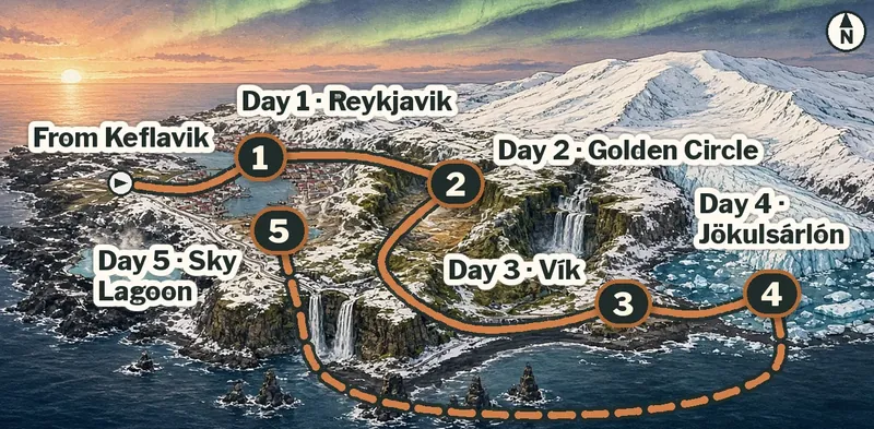 Illustrated route map of southwest Iceland: from Keflavik to Day 1 Reykjavik, Day 2 the Golden Circle, Day 3 along the South Coast to Vík, Day 4 Jökulsárlón, and Day 5 back west to the Sky Lagoon