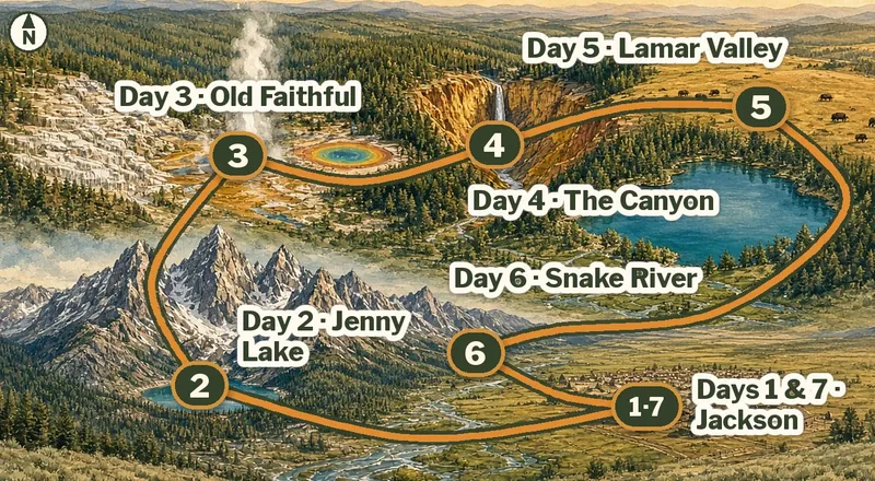 Illustrated route map of Grand Teton and Yellowstone: a loop from Jackson, Day 2 Jenny Lake below the Tetons, Day 3 Old Faithful, Day 4 the Grand Canyon of the Yellowstone, Day 5 Lamar Valley, Day 6 the Snake River, and Day 7 back in Jackson