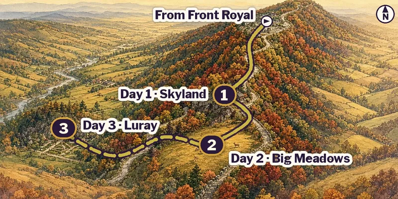 Illustrated route map of Shenandoah National Park: in from Front Royal along Skyline Drive to Day 1 Skyland, Day 2 Big Meadows, and Day 3 down to Luray