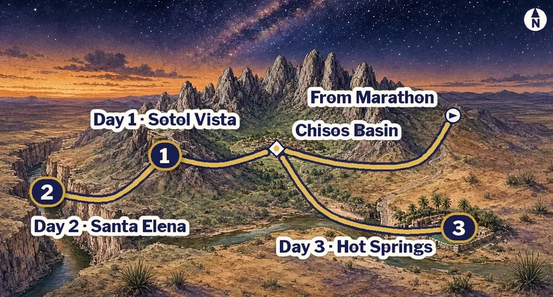 Illustrated route map of Big Bend National Park: the drive comes in from Marathon to the Chisos Basin, then Day 1 Sotol Vista, Day 2 Santa Elena Canyon in the far west, and Day 3 the hot springs on the Rio Grande in the east