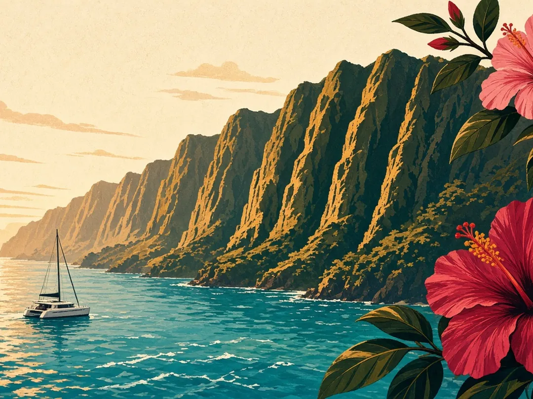 Illustrated cover: the Nā Pali cliffs at golden hour, a sailboat on turquoise water and red hibiscus flowers