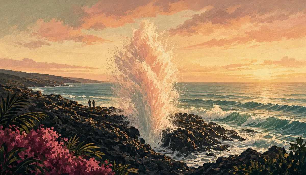 Illustration: sea spray bursting up at Spouting Horn on Kauaʻi’s south shore at sunset, a couple watching from the lava rocks