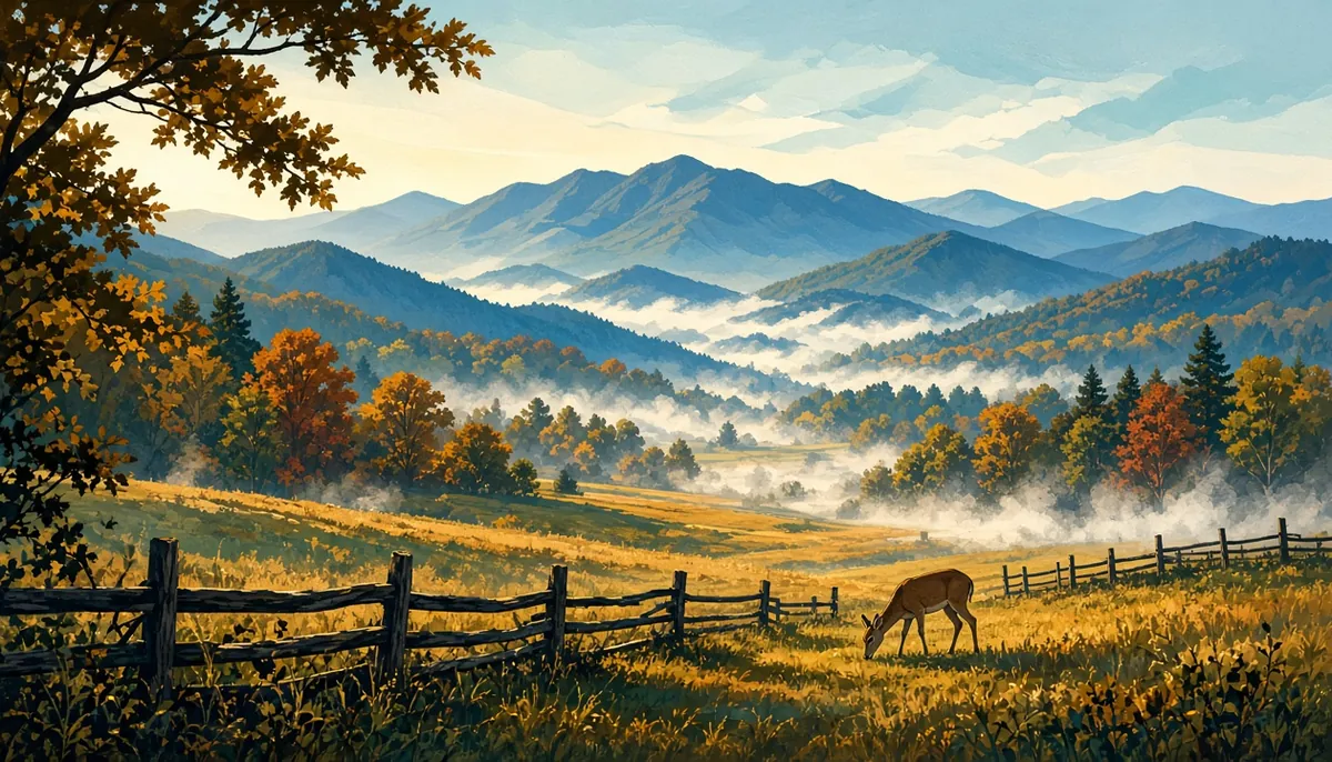 Illustration: Cades Cove in autumn, morning mist over the blue ridges, a split-rail fence and a deer grazing in the meadow