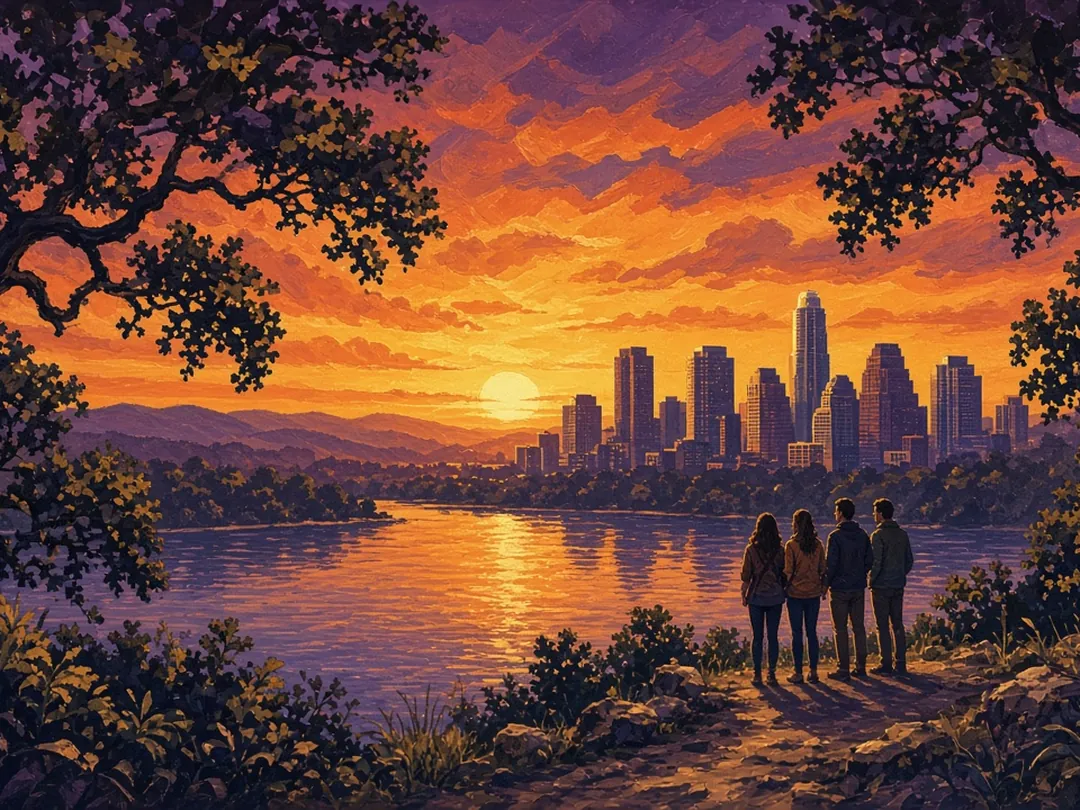 Illustrated cover: the Austin skyline over Lady Bird Lake at sunset, four friends on the lakeside trail under live oaks