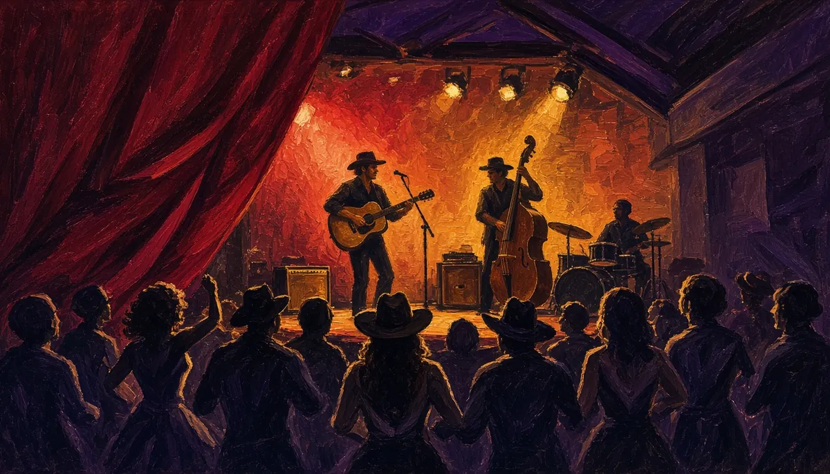 Illustration: a honky-tonk band on stage in warm red light at the Continental Club, the crowd dancing in silhouette