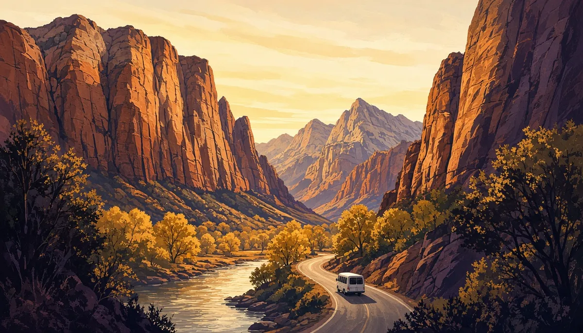 Illustration: Zion Canyon at golden hour, red sandstone walls above the river and canyon road, with a small shuttle bus among autumn cottonwoods