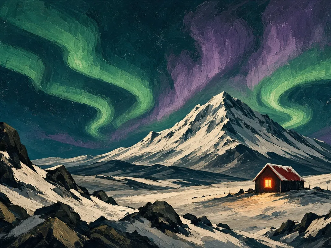 Illustrated cover: green and violet aurora over a snowy mountain and a small red cabin