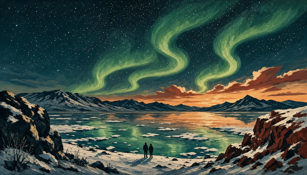 Illustration: green aurora ribbons over a frozen lake in winter, a couple watching from the snowy shore