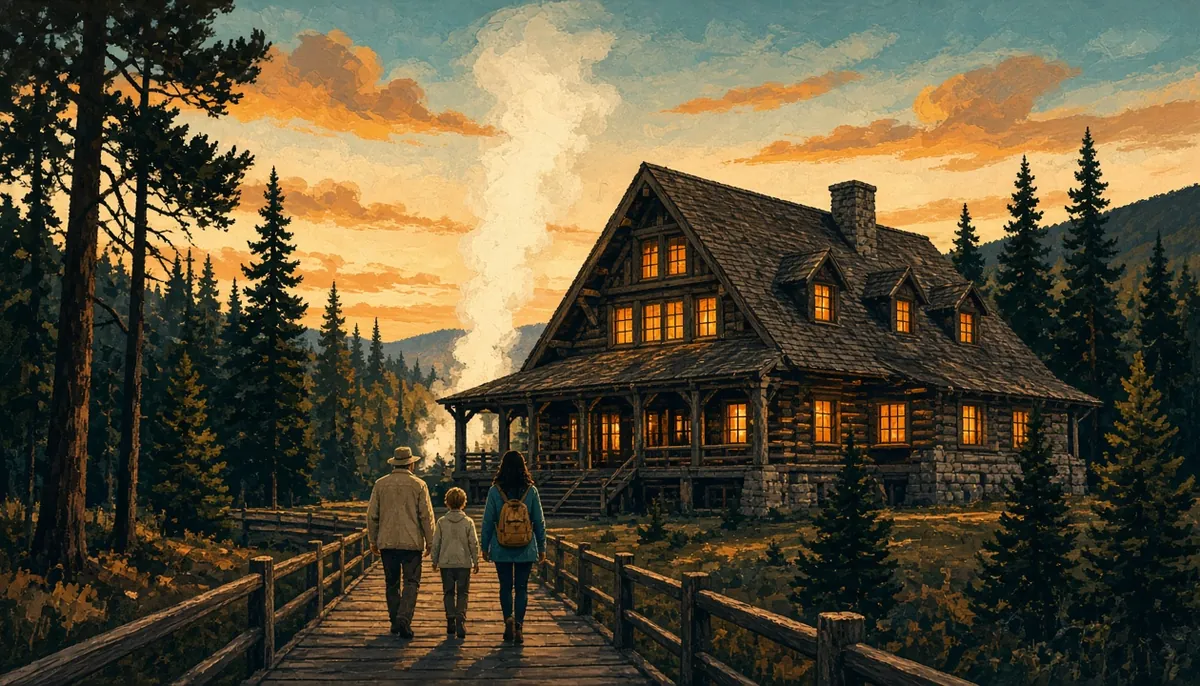 Illustration: the Old Faithful Inn at dusk with warm lit windows and a geyser plume rising behind, a family walking the boardwalk