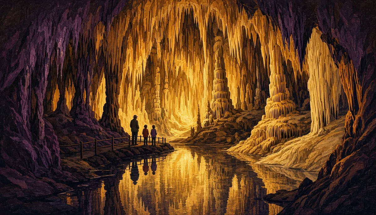 Illustration: the amber-lit stalactites of Luray Caverns reflected in a still pool, a grandparent and two grandchildren on the path