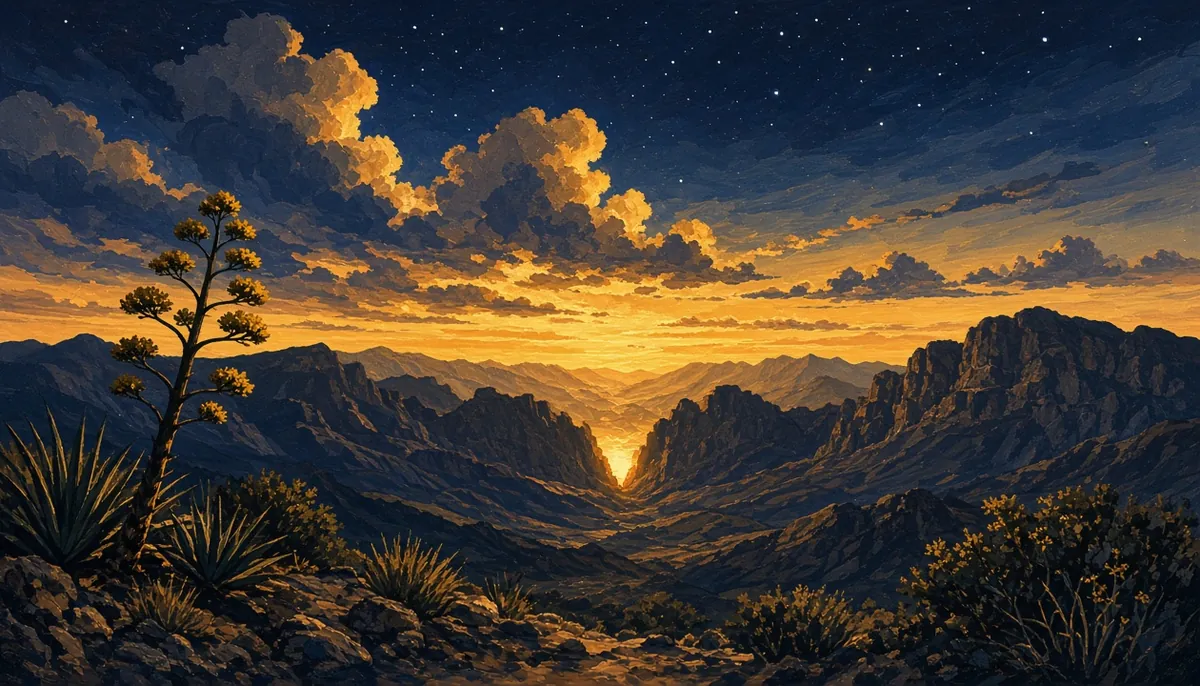 Illustration: sunset glowing through a notch in the Chisos Mountains, with a tall desert flower stalk against the evening sky