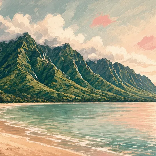 Illustration: the crescent of Hanalei Bay beneath green mountains streaked with waterfalls.