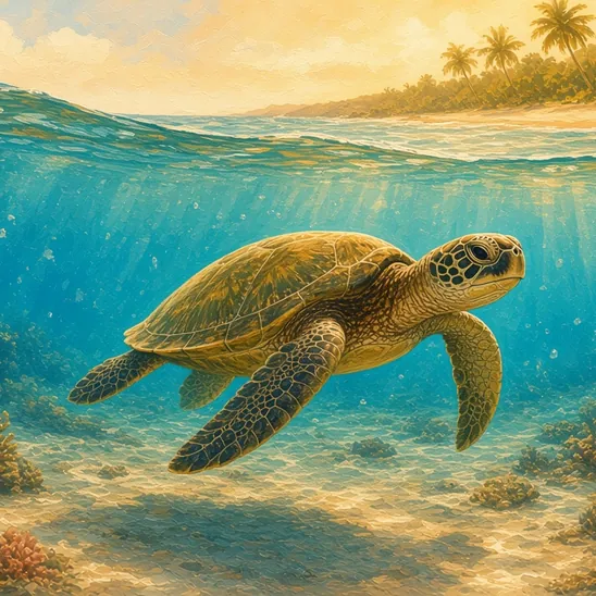 Illustration: a green sea turtle gliding through clear shallow water off Poʻipū, palms on a distant beach.