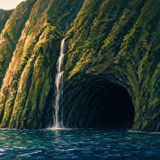 Illustration: a dark sea cave at the foot of green Nā Pali cliffs, a thin waterfall dropping into blue water.