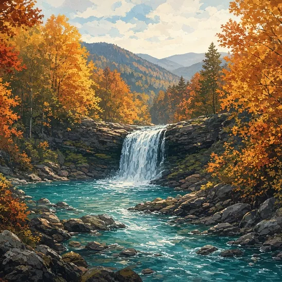 Illustration: a small waterfall spilling into a clear creek through autumn woods.
