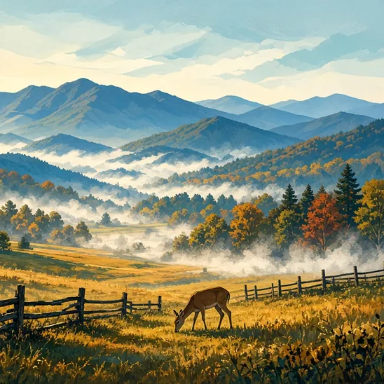 Illustration: a deer grazing beside a split-rail fence in Cades Cove, morning mist over the ridges.