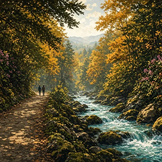 Illustration: a level forest path beside a stream tumbling over mossy boulders, two small figures far ahead.