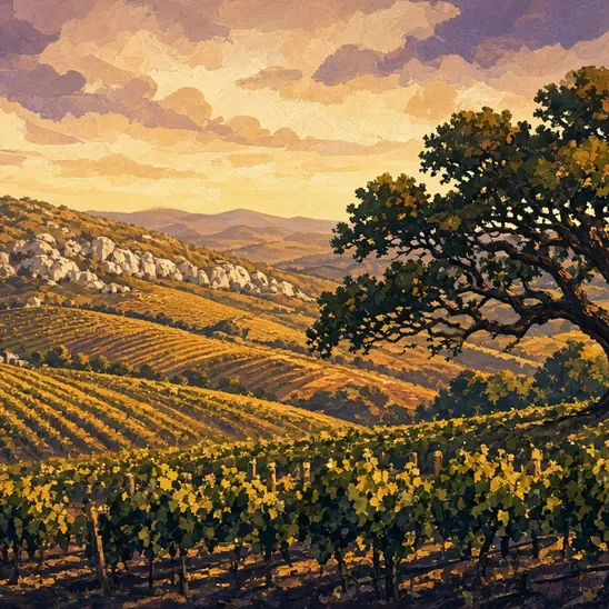 Illustration: vineyard rows over rolling Hill Country at golden hour, a lone live oak.