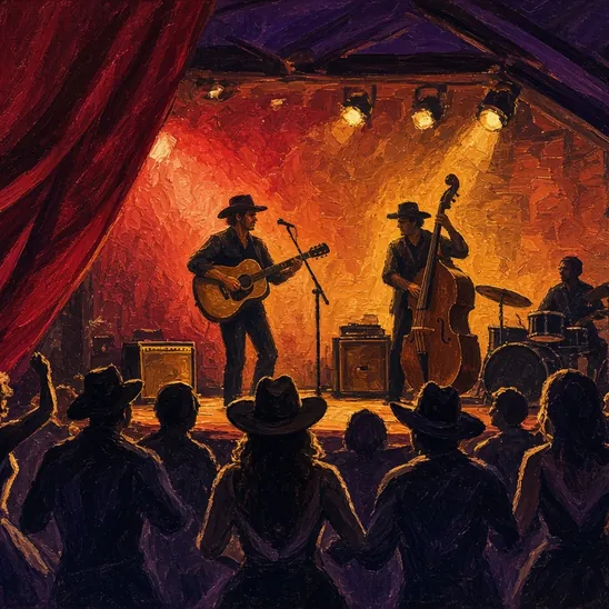 Illustration: a band playing on a red-lit stage, the crowd in silhouette.