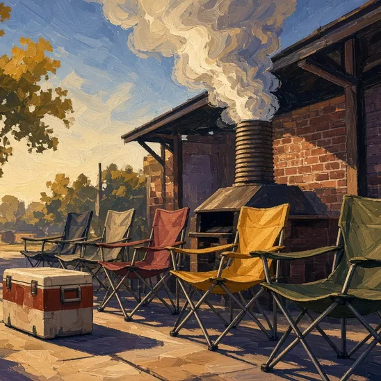 Illustration: camp chairs and a cooler on a sunny sidewalk, wood smoke rising from a chimney.