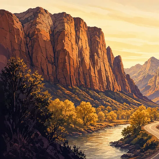 Illustration: red sandstone walls above the Virgin River and autumn cottonwoods in Zion Canyon.