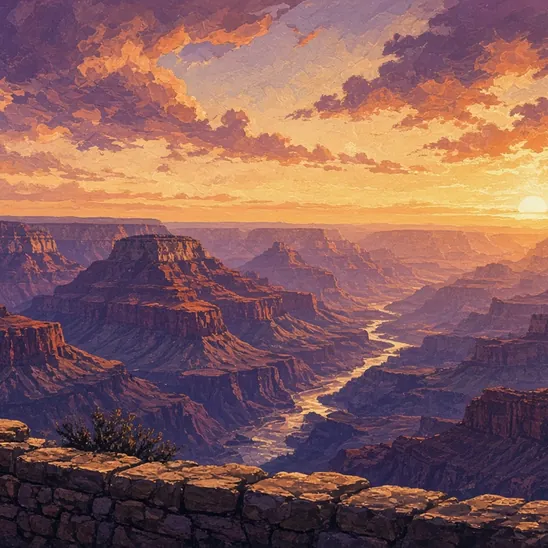Illustration: dusk over layered canyon buttes, the Colorado River glinting far below a stone rim wall.