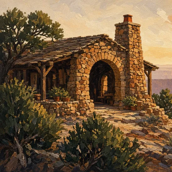 Illustration: a rustic stone building with a porch and chimney among junipers on the canyon rim.