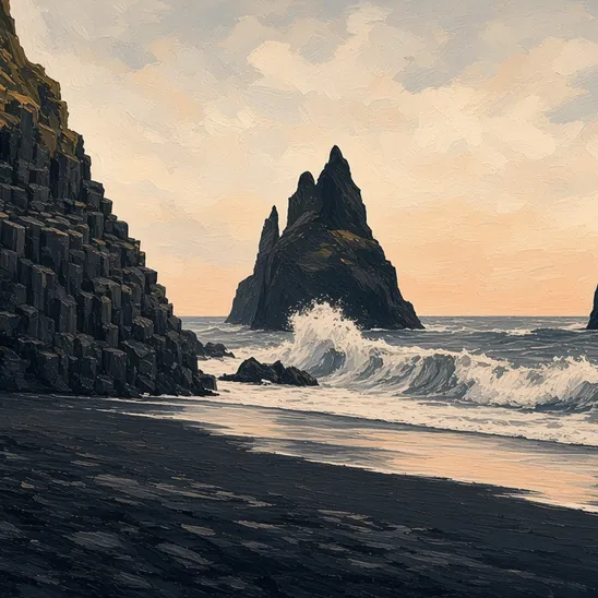 Illustration: black basalt columns and sea stacks above a black-sand beach and white surf.