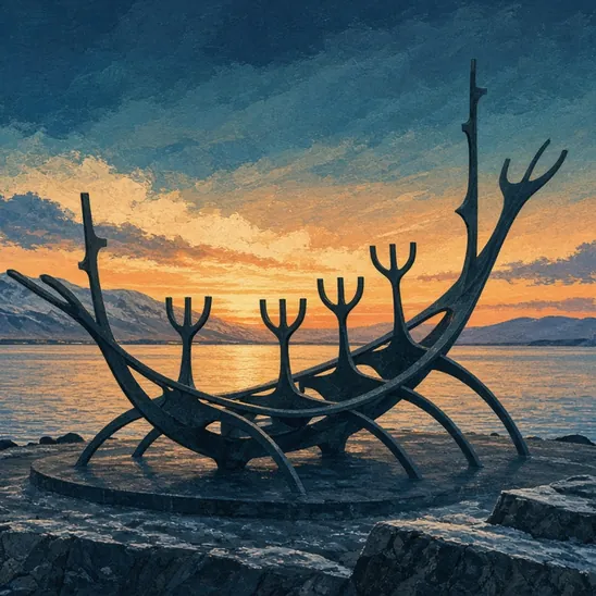 Illustration: the Sun Voyager steel ship sculpture on the waterfront at twilight, snowy mountains across the bay.