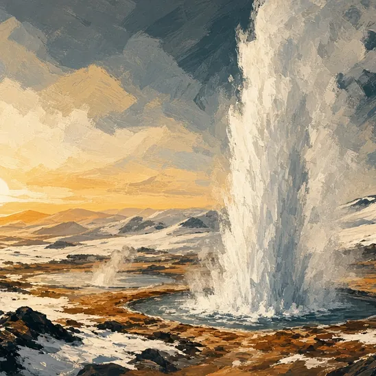 Illustration: a tall column of geyser steam rising from a snowy geothermal field in low winter sun.