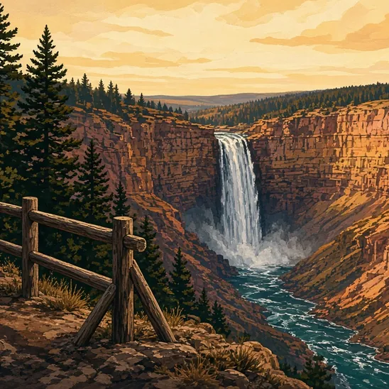 Illustration: a waterfall plunging into a deep yellow-walled canyon, mist rising, a river far below.