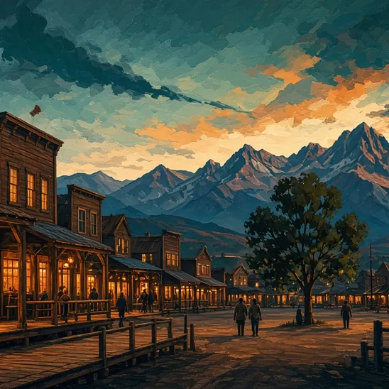Illustration: wooden boardwalks and lit storefront porches around a town square at early evening.