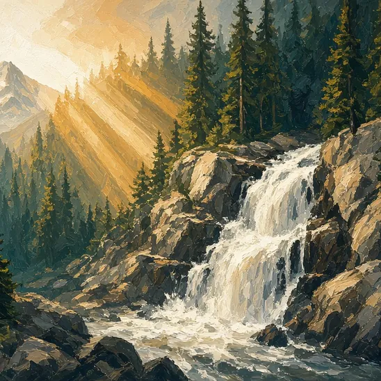 Illustration: a waterfall tumbling down granite through dark spruce forest.