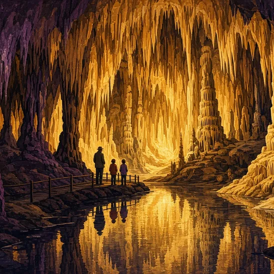 Illustration: amber-lit stalactites reflected in a still cave pool, small figures on the path.