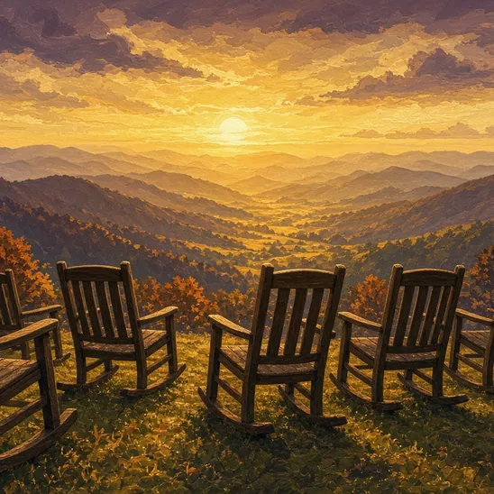 Illustration: empty wooden rocking chairs on a lawn facing a golden valley view.