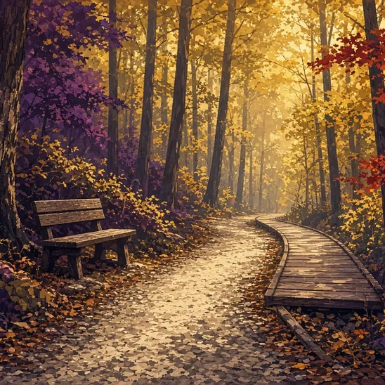 Illustration: a level boardwalk path winding through old forest in fall colour, a bench beside it.