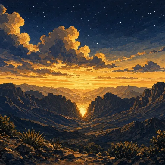 Illustration: sunset glowing through a notch in the Chisos Mountains.