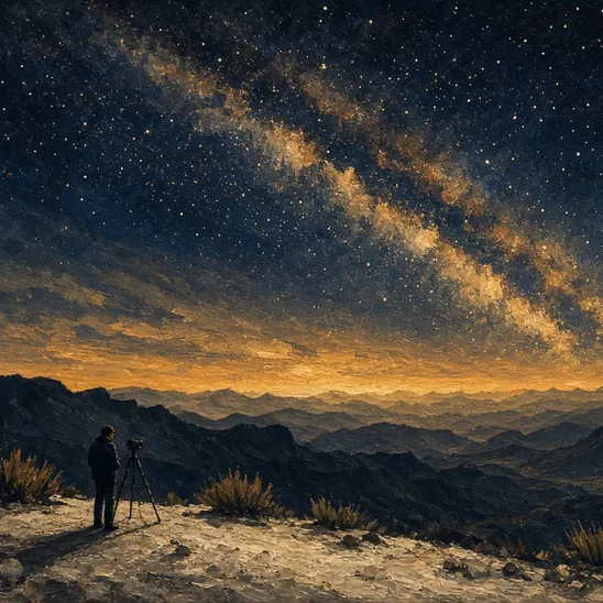 Illustration: a star-filled sky over dark desert ridges, a small figure with a tripod at an overlook.