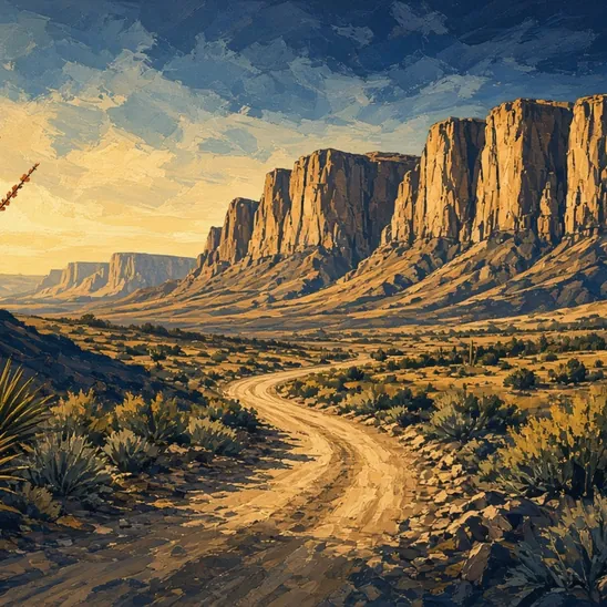 Illustration: a desert road winding toward a distant sheer canyon wall in morning light.
