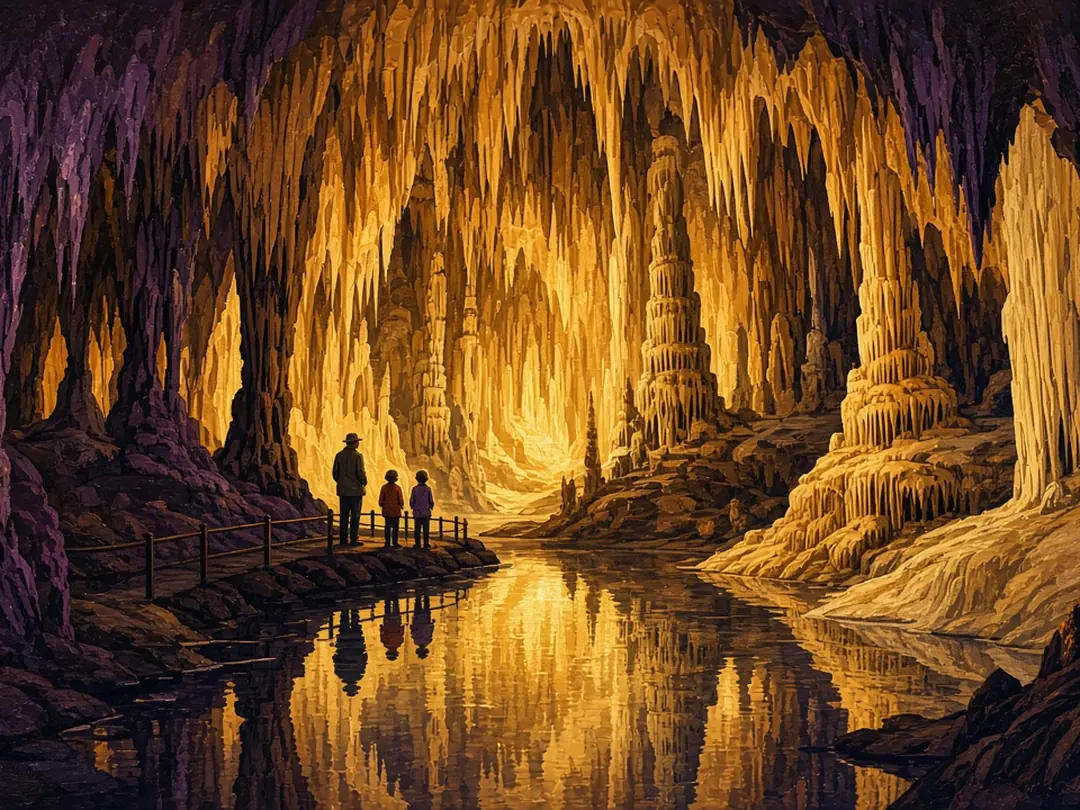 Illustrated cover: the amber-lit stalactites of Luray Caverns reflected in a still pool, a grandparent and two grandchildren on the path