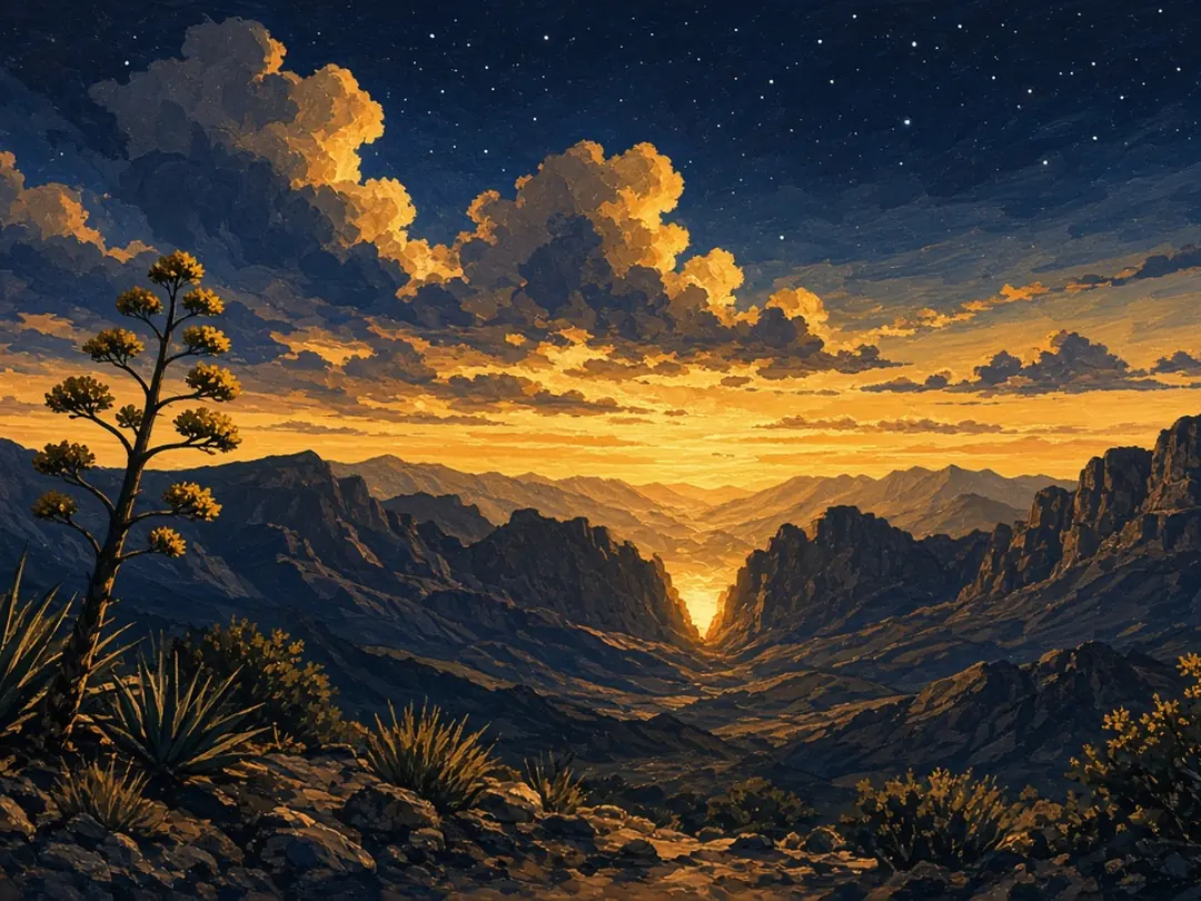 Illustrated cover: a blooming sotol on a desert ridge above Big Bend’s canyons at sunset, stars coming out overhead