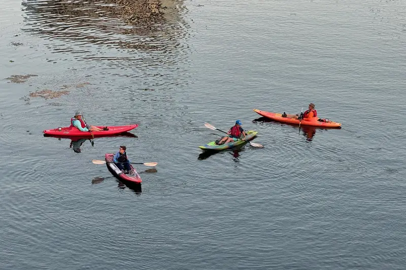 Kayaks and paddleboards on Lady Bird Lake with the Austin skyline behind