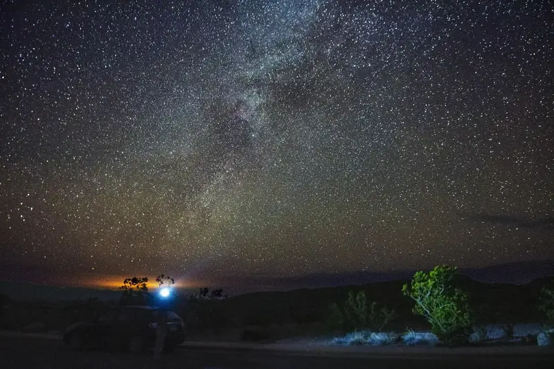 The Milky Way arching over desert brush at Big Bend, with a small light glowing near the horizon