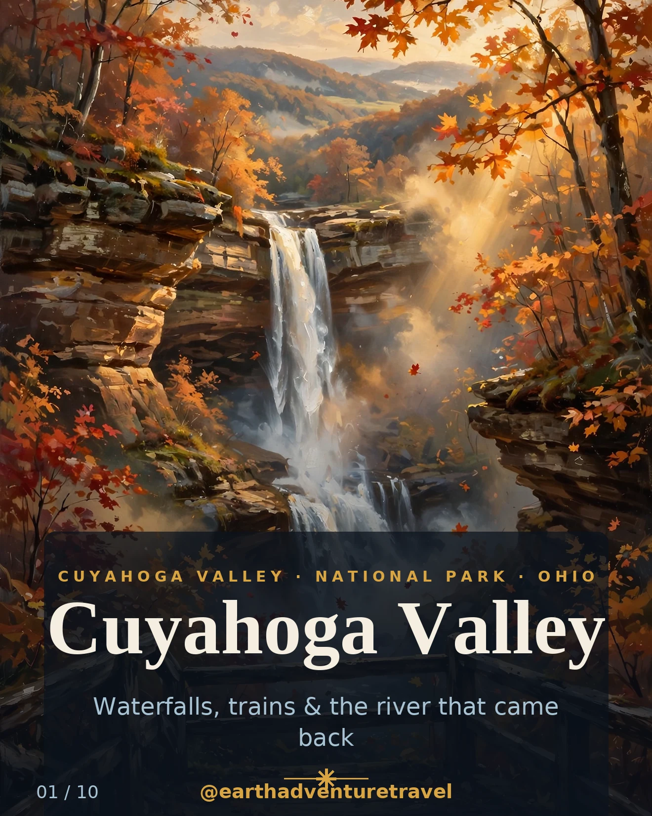 Illustrated Cuyahoga Valley family guide cover: Brandywine Falls in autumn forest with a boardwalk overlook