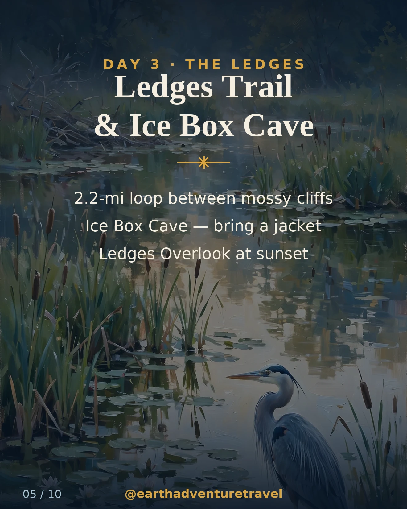 Day 3 graphic: mossy sandstone slot canyon on the Ledges Trail