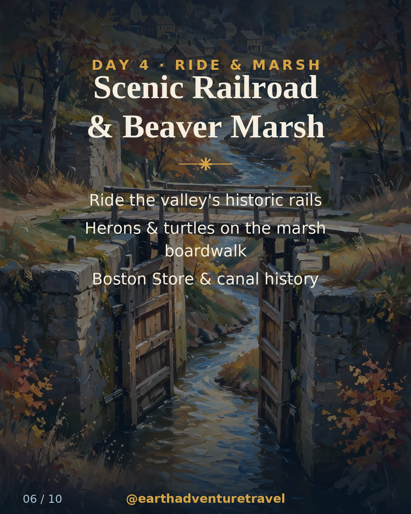 Day 4 graphic: the historic canal lock and Boston village in autumn