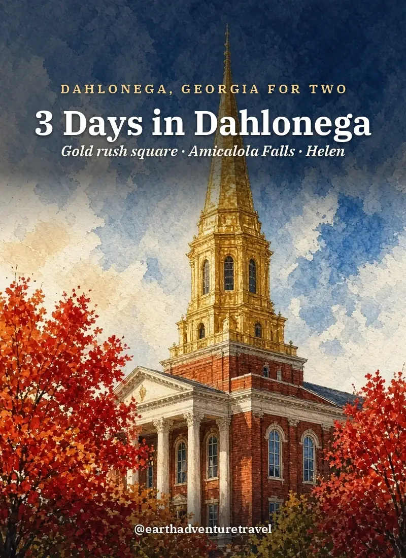 Original Illustration: a couple on a historic town square with mountains beyond, Dahlonega