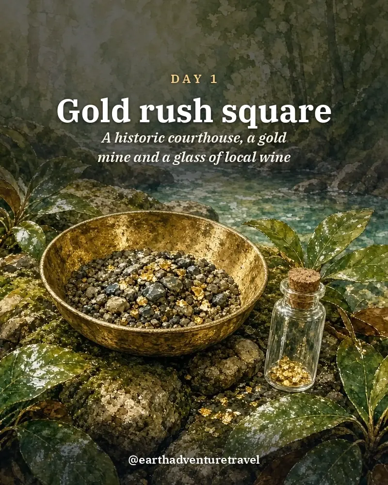 Illustrated day card: A historic courthouse, a gold mine and a glass of local wine